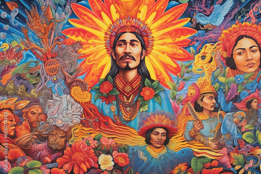 Vibrant Chicano Drawings: A Powerful Mural Celebrating Culture with Bold Colors and Traditional Symbols, generative AI