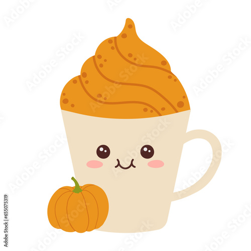 Kawaii pumpkin spice latte coffee. Cute autumn and winter hot drink. Cartoon flat vector illustration