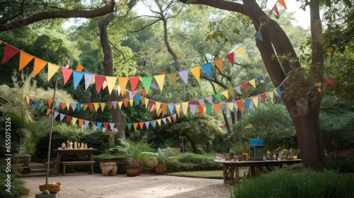 Colorful bunting at the party with trees behind it 