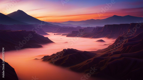 the grandeur of nature  featuring a breathtaking landscape with rolling hills  a meandering river  and a vibrant sunset that paints the sky in hues of orange and purple