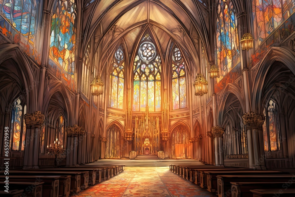 Serene Spirituality: Exploring a Majestic Cathedral with Towering Spires and Intricate Stained Glass Windows, generative AI