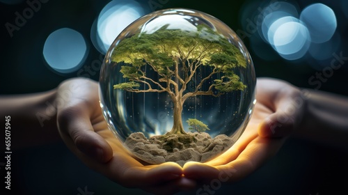 Human hand holding glass ball with tree inside.