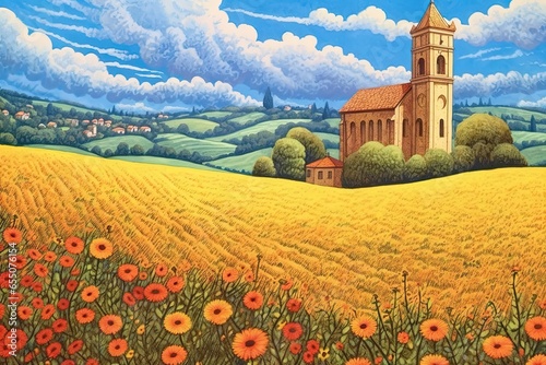 Charming Church in Picturesque Countryside: Rolling Hills, Blooming Fields, Blue Skies, generative AI