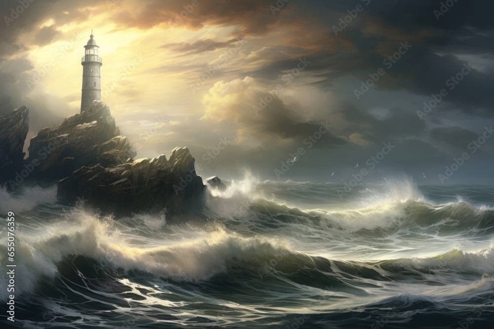 A serene seascape with crashing waves and a lighthouse standing tall on a rocky cliff.