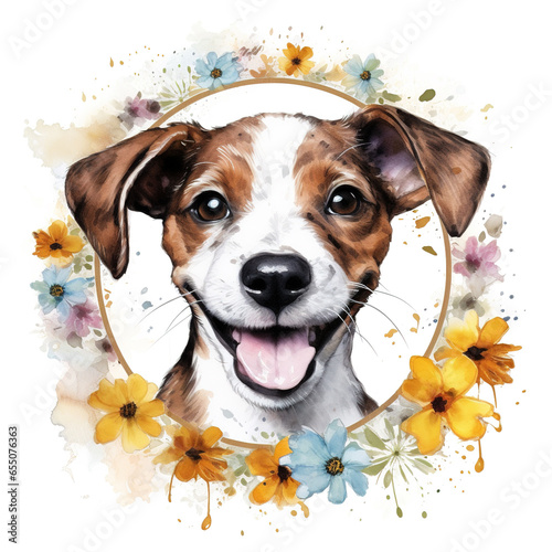 Watercolor illustration of cute happy baby jack russell terrier puppy in floral circle frame isolated on white background. Digital illustration generative AI.
