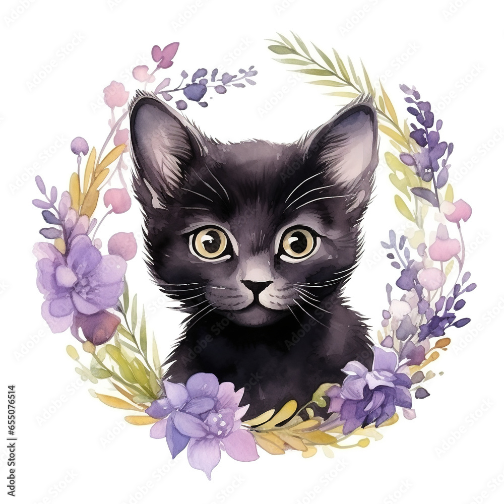 Fototapeta Watercolor illustration of cute happy baby black kitten in floral circle frame isolated on white background. Digital illustration generative AI.