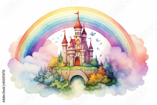 A whimsical fairytale castle on a hill with a rainbow in the sky.