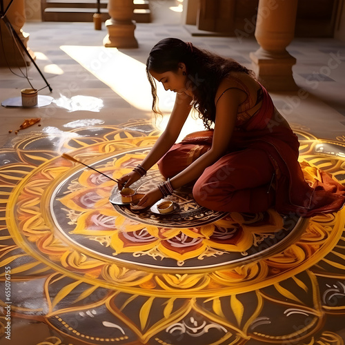 lady making Rangoli  Mandela art on floor, Indian girl photo