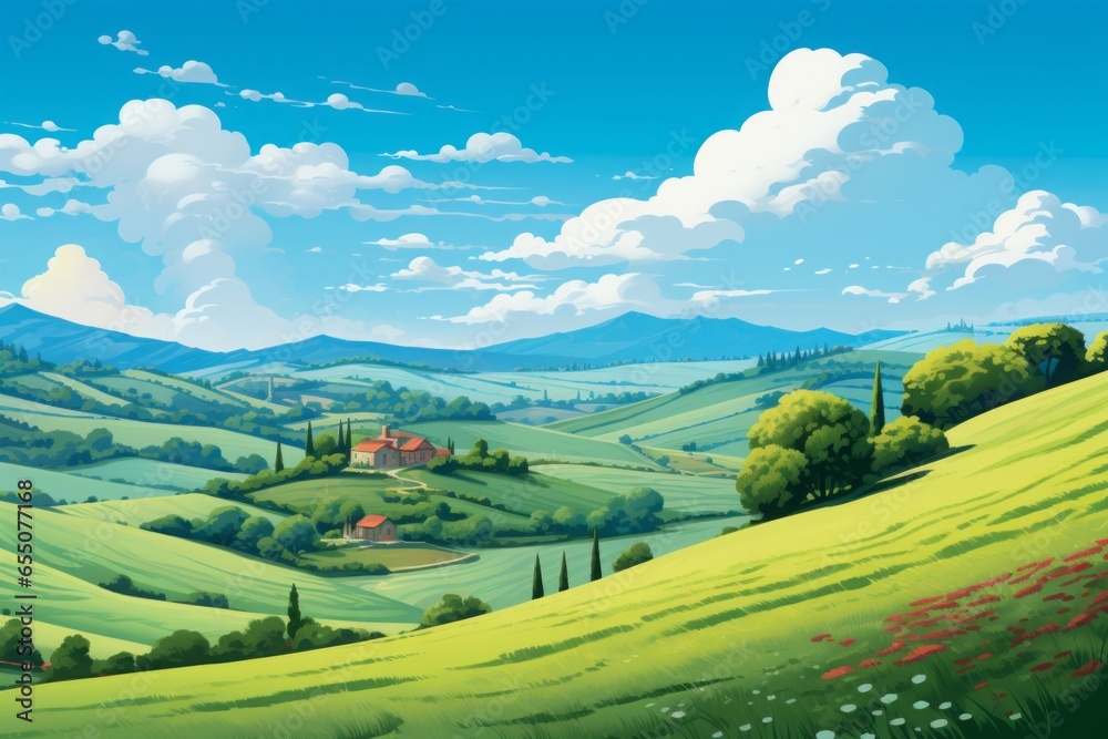 A peaceful countryside scene with rolling hills and a clear blue sky.