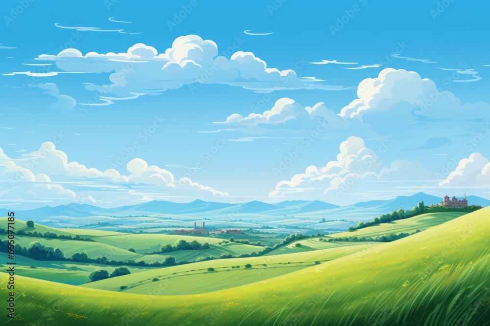 A peaceful countryside scene with rolling hills and a clear blue sky.