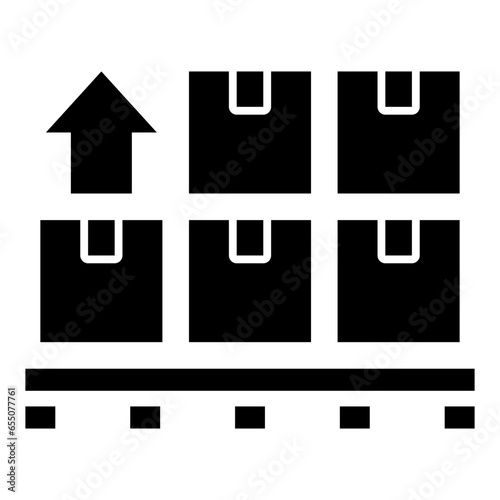 Pallet Icon. Included in Delivery Glyph Icon. A simplified and stylized graphical representation of a package delivery concept, typically used in digital design, icons, or signage.
