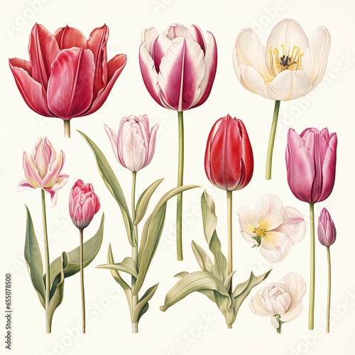 botanical illustration Tulip set  isolated on white background.