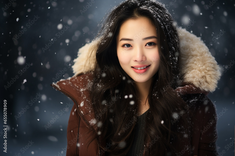 Portrait of beautiful young woman standing under the snow at winter time Portrait of beautiful young woman standing under the snow at winter time