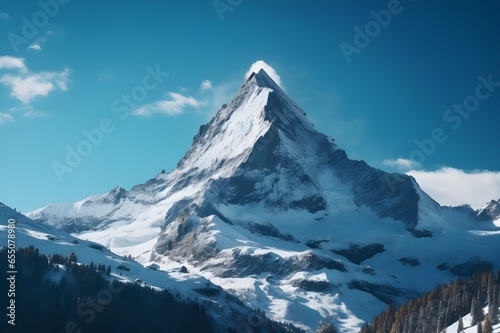 A majestic, snow-capped mountain peak, framed by a clear, azure sky.