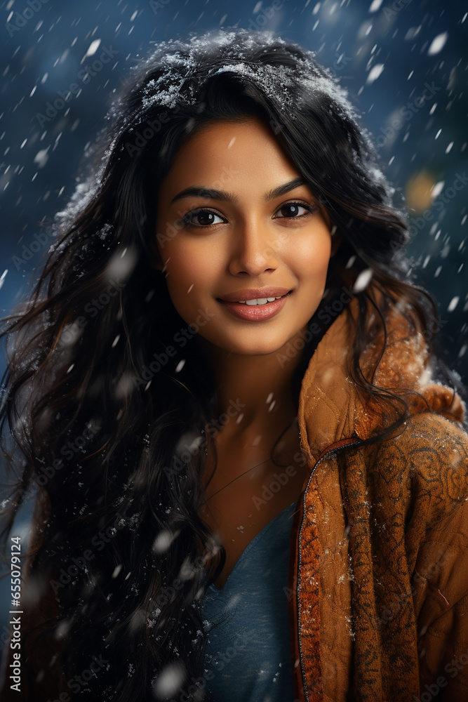 Portrait of beautiful young woman standing under the snow at winter time 
