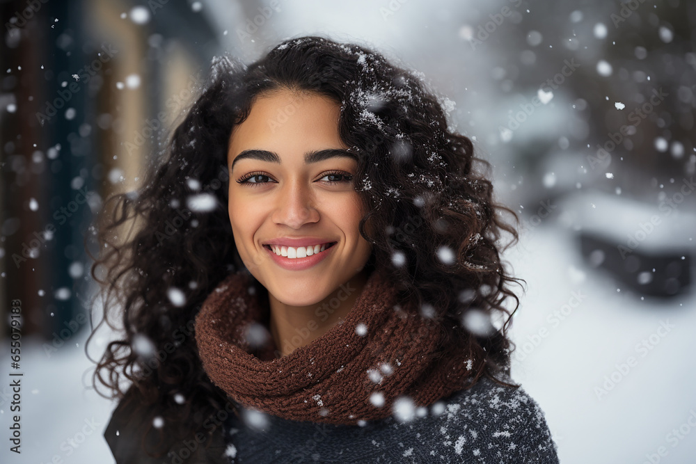 Portrait of beautiful young woman standing under the snow at winter time Portrait of beautiful young woman standing under the snow at winter time