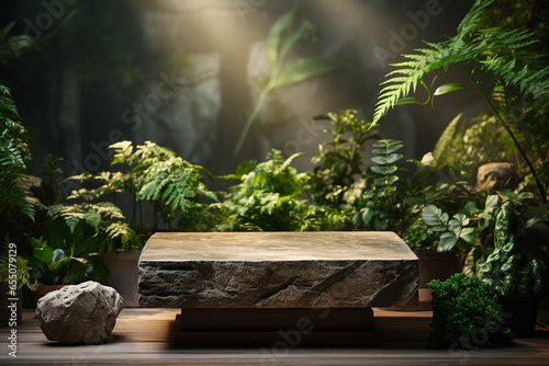 Natural rock stone podium for product display in front of the forest generative by ai