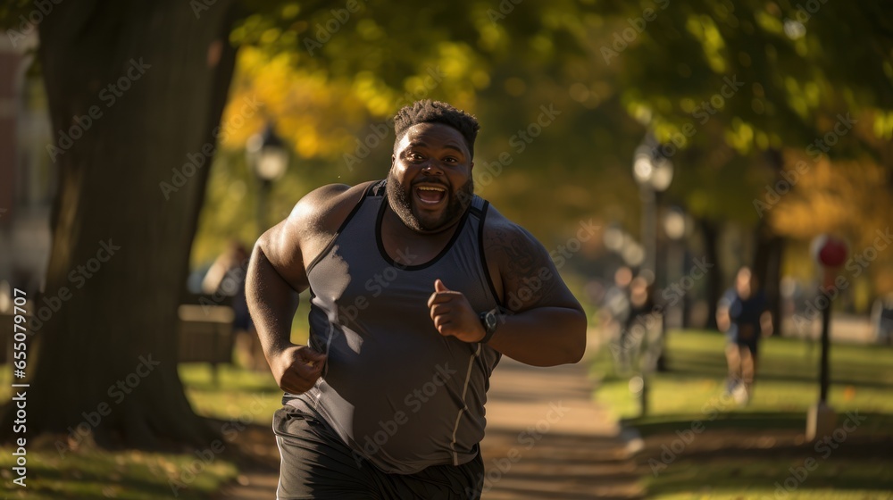 A chubby black man exercising, and a healthy jogger walking in a city park. A chubby black man exercising, and a healthy jogger walking in a city park.
