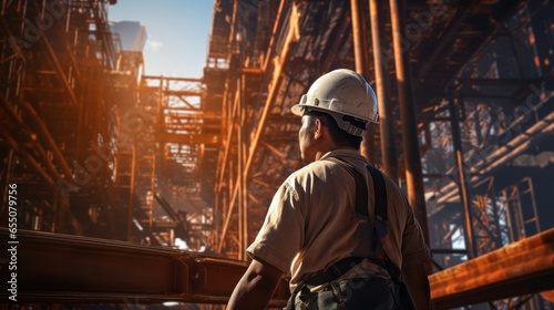 Asian male construction worker working at height on steel frame Wear safety gear and safety harness to work at high heights at the construction site.