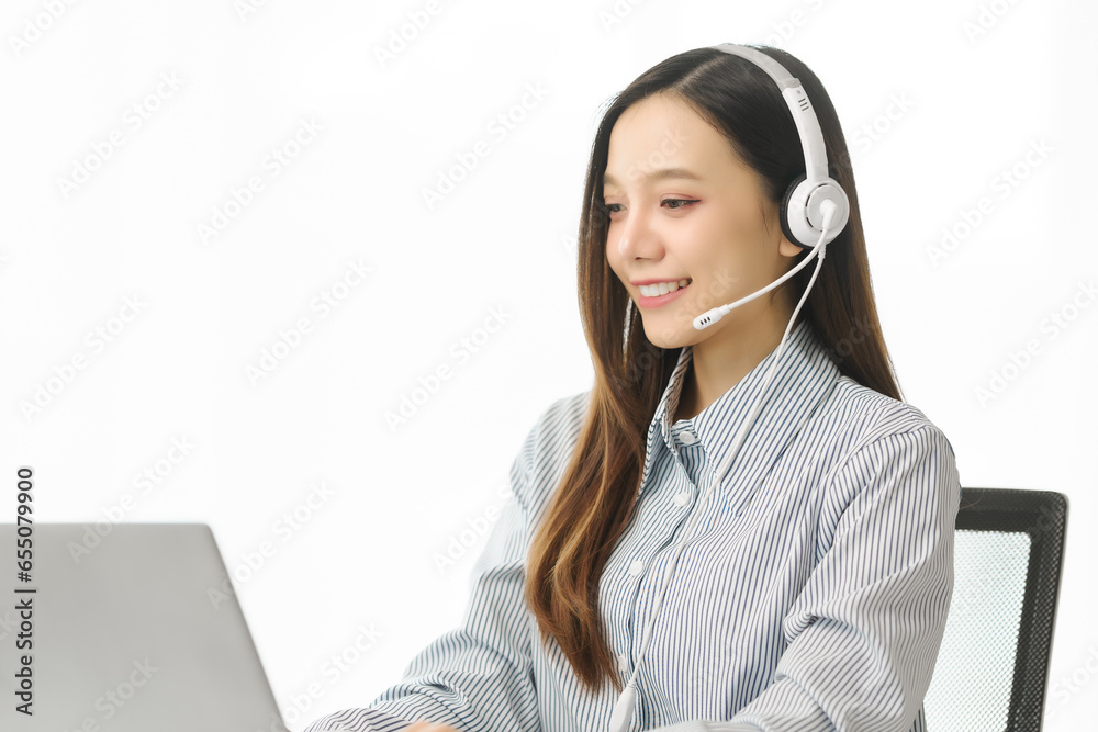 Asian people call center agent in serene work environment, expertly handling client issues via her laptop at organized workspace. representation of modern telecommunication pivotal role in business. Asian people call center agent in serene work environment, expertly handling client issues via her laptop at organized workspace. representation of modern telecommunication pivotal role in business.