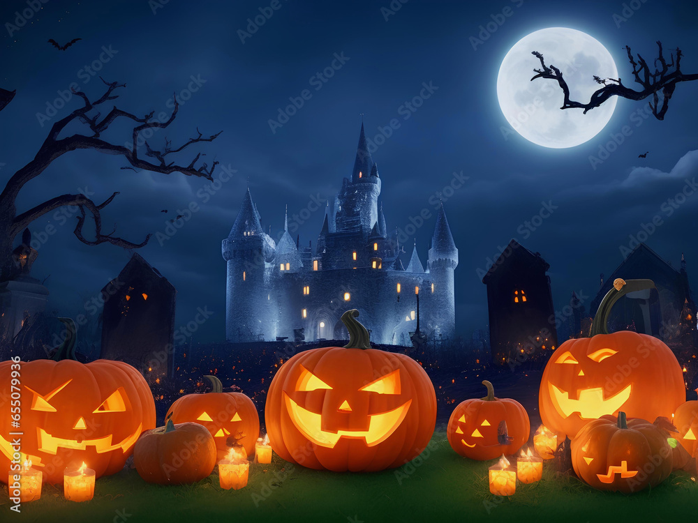 Fototapeta premium Happy Halloween background with scary pumpkin candles in the graveyard at night with a spooky castle background 