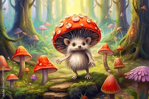 Cute Hedgehog Explores Whimsical Forest: Mossy Trees, Colorful Mushrooms, and Friendly Woodland Creatures, generative AI photo