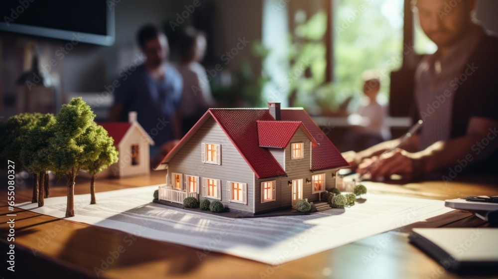 agent and buyer client sign mortgage contract Model house with apartment agent for real estate home insurance concept agent and buyer client sign mortgage contract Model house with apartment agent for real estate home insurance concept