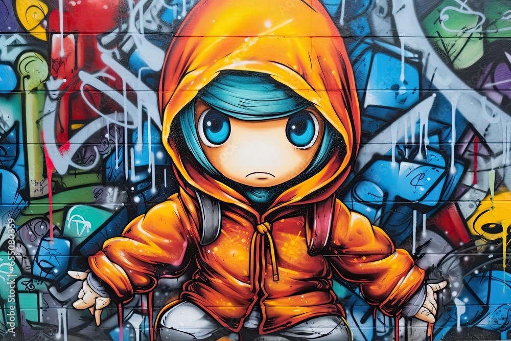 Street Art-Inspired Mural: Vibrant Graffiti & Urban Elements Surround Cool Hoodie Character, generative AI