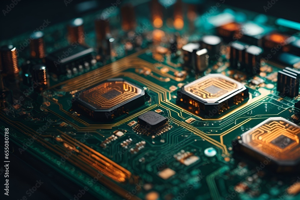 a futuristic circuit board with interconnected geometric components. a futuristic circuit board with interconnected geometric components.