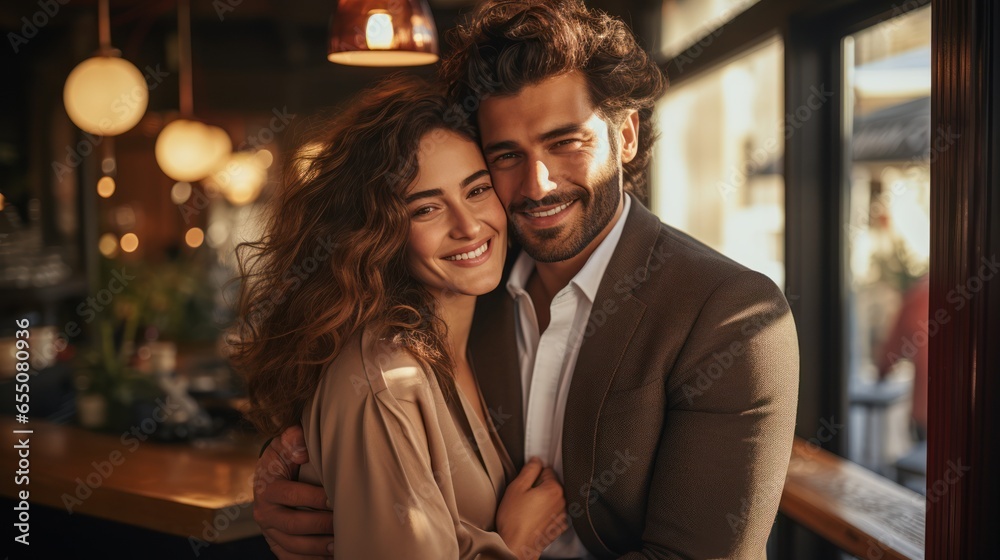 A Picture of the young wealthy middle eastern couple hugging love story - obrazy, fototapety, plakaty 