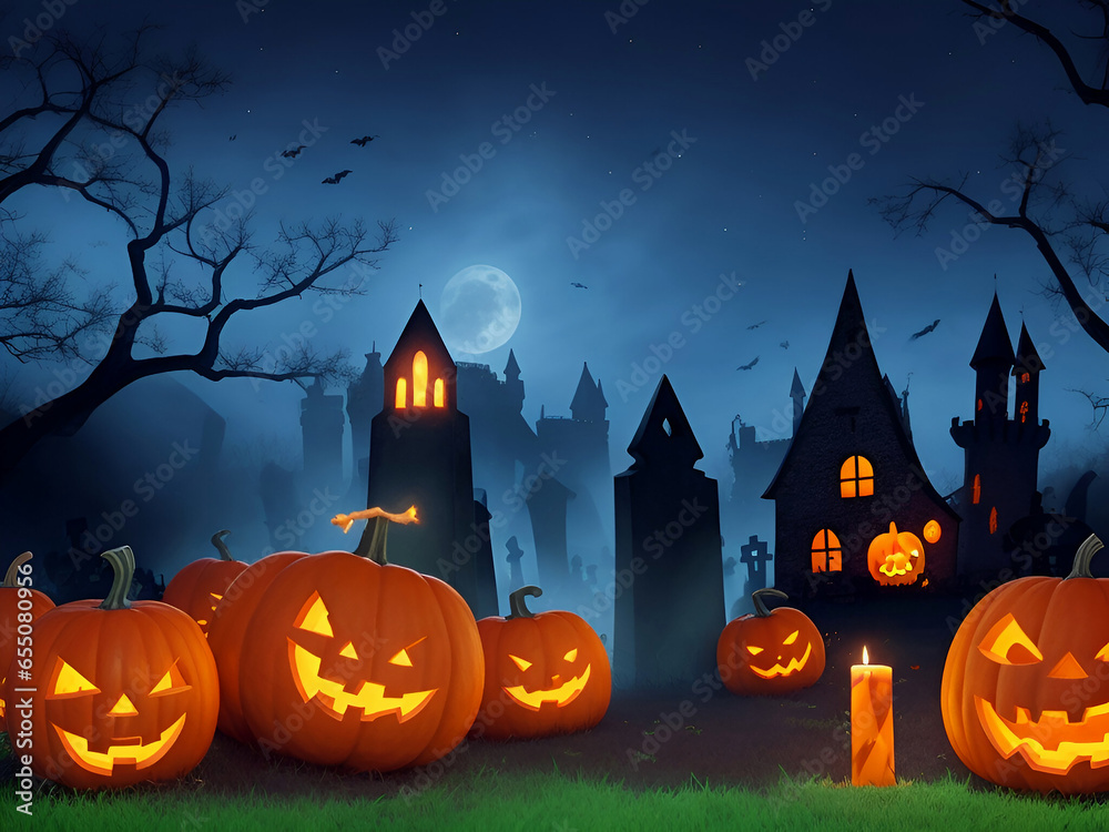 Happy Halloween background with scary pumpkin candles in the graveyard at night with a spooky castle background 