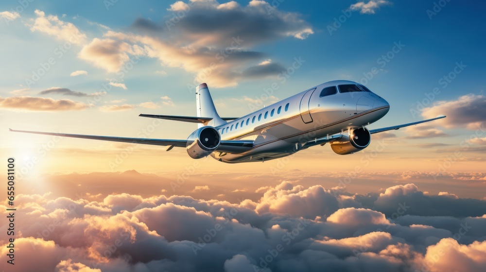 Private jet flying in the blue sky with white clouds in the background. Sunset light business travel concept - obrazy, fototapety, plakaty 