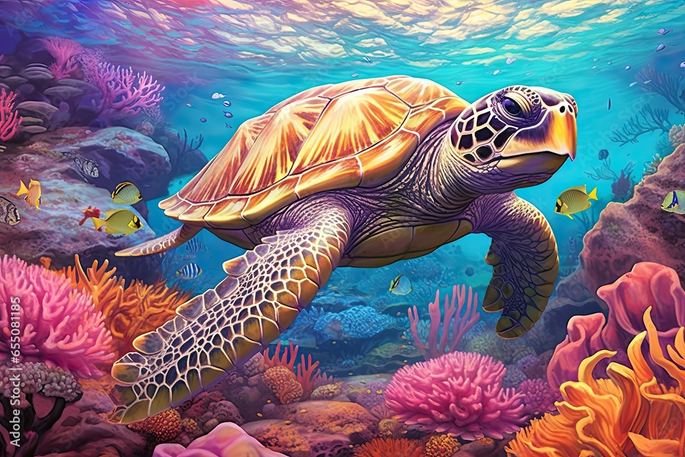 Fototapeta premium Exploring an Underwater Paradise: Graceful Sea Turtles Among Colorful Coral Reefs, generative AI