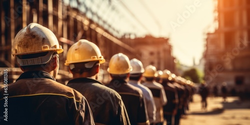Team engineer holding helmet standing in row on-site work, banner cover design.