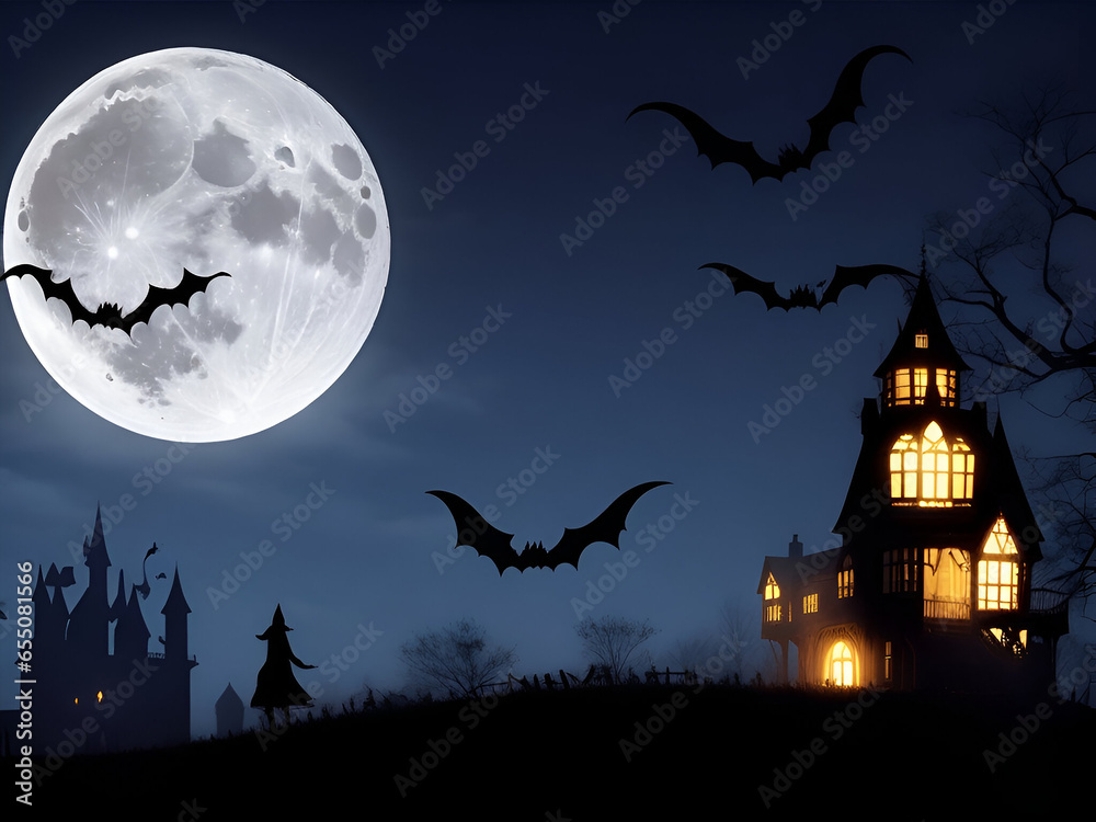 Happy Halloween background with scary pumpkin candles in the graveyard at night with a spooky castle background 