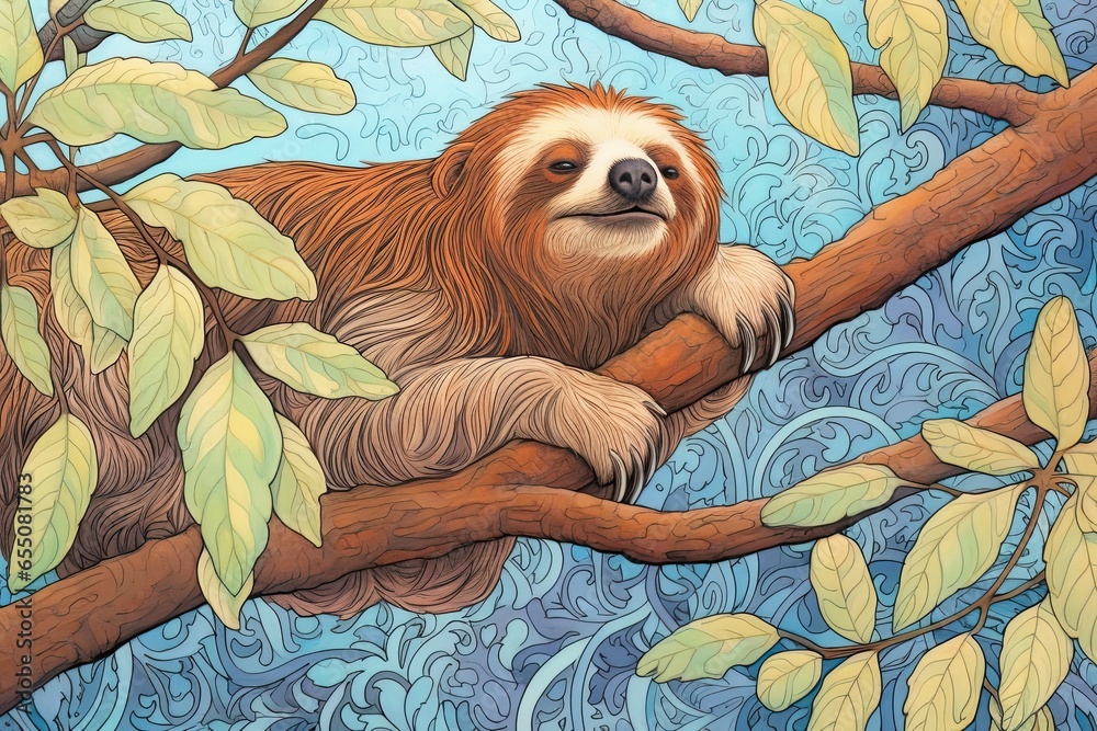 Obraz premium Sleepy Sloth Hangs from Tree Branch: A Charming Depiction with Lush Tropical Foliage, generative AI