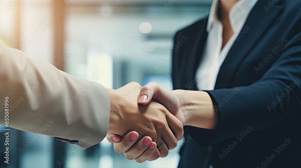 Female business manager shaking hands with customers in the office