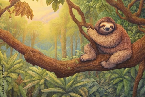 Tranquil Rainforest Scene: Sleepy Sloth Hanging from Tree Branch in Lush Foliage, generative AI
