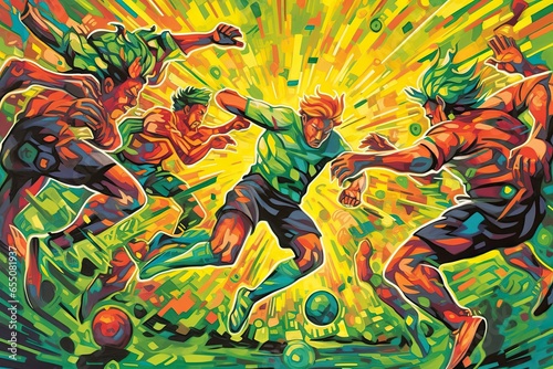 Action-Packed Soccer Match on a Vibrant Green Field: Dribbling, Passing, and Shooting Highlighted in Soccer Drawing, generative AI photo