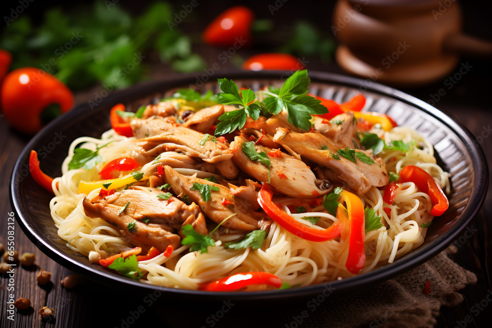 Pasta noodles with chicken and vegetables close up photo Pasta noodles with chicken and vegetables close up photo