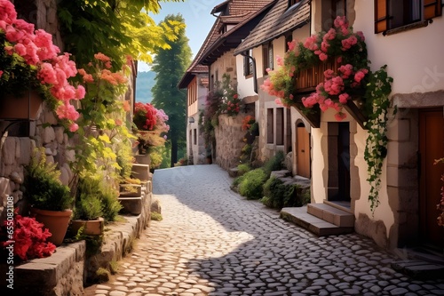 A charming, cobblestone street in a picturesque European village.