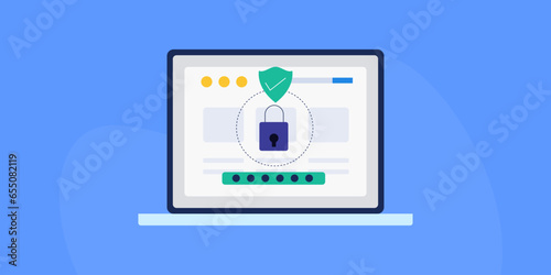 Website data protection, cyber security software program on laptop screen, vector illustration lock icon with internet computer security concept.