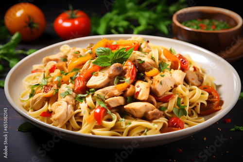 Pasta noodles with chicken and vegetables close up photo