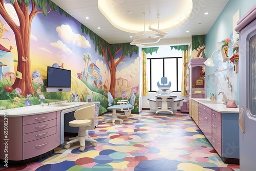 Colorful Murals, Interactive Games, and Friendly Staff: Creating a Positive and Fun Dental Visit Experience for Children, generative AI photo