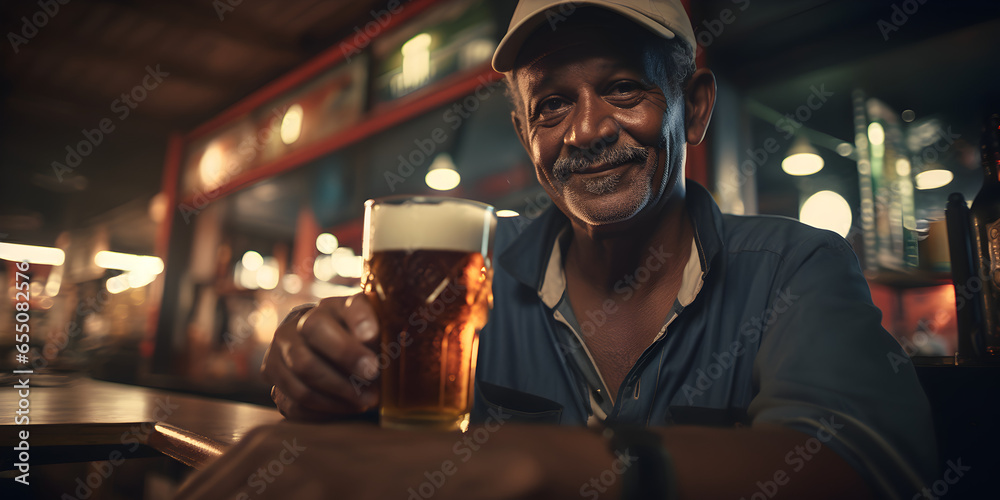 man drinking beer in bar