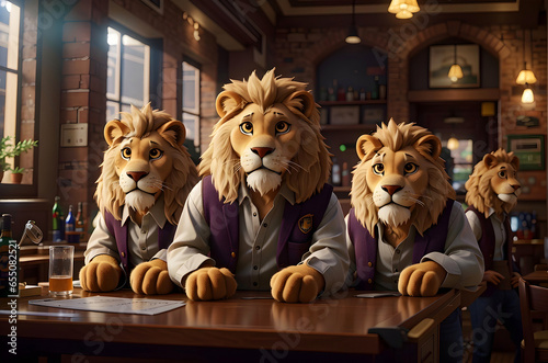 Group of lions waiting for drinks in a bar | Imaginary scene