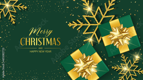 Christmas banner, chrismas sparkling lights garland with gifts box and golden snowflake. Horizontal christmas posters, greeting cards, headers, website.