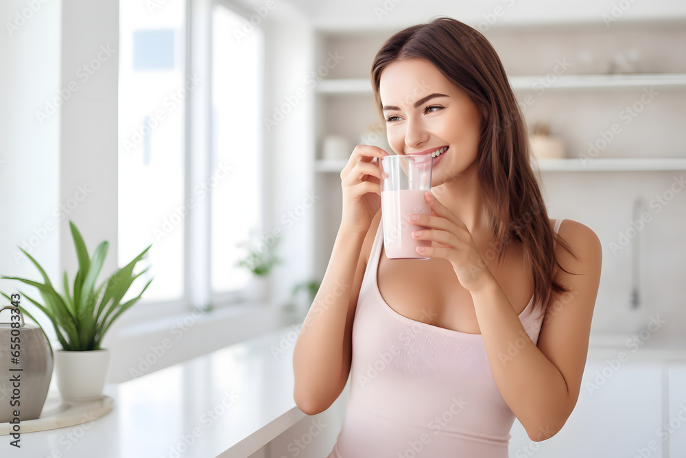 Beautiful fit healthy young woman drinking a pink drink or cocktail of electrolyte powder or hydrolysed collagen Beautiful fit healthy young woman drinking a pink drink or cocktail of electrolyte powder or hydrolysed collagen