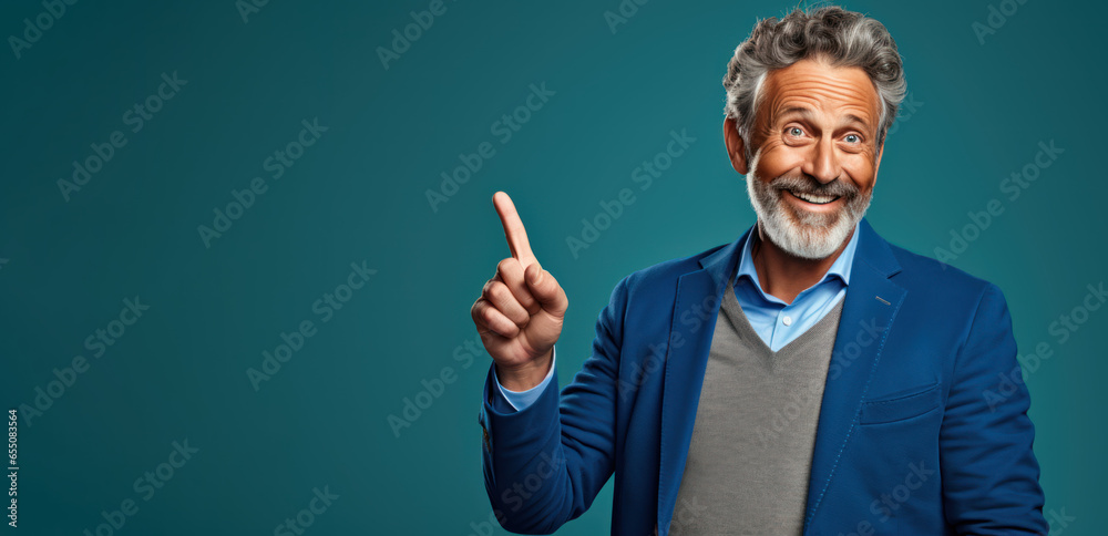 Portrait of a Happy Businessman Pointing Left Against a Light Blue Background, Captured in a Professional Studio Portrait of a Happy Businessman Pointing Left Against a Light Blue Background, Captured in a Professional Studio