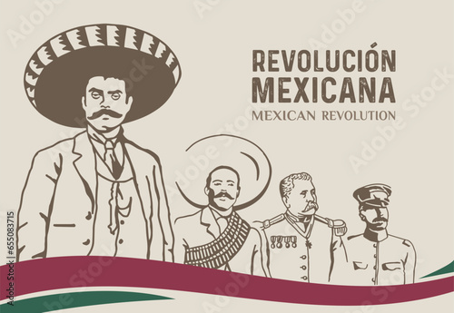VECTORS. Banner for the Mexican Revolution, commemorated annually on November 20. Includes some of the revolution protagonists: Emiliano Zapata, Felipe Angeles, Francisco (Pancho) Villa, Porfirio Diaz photo